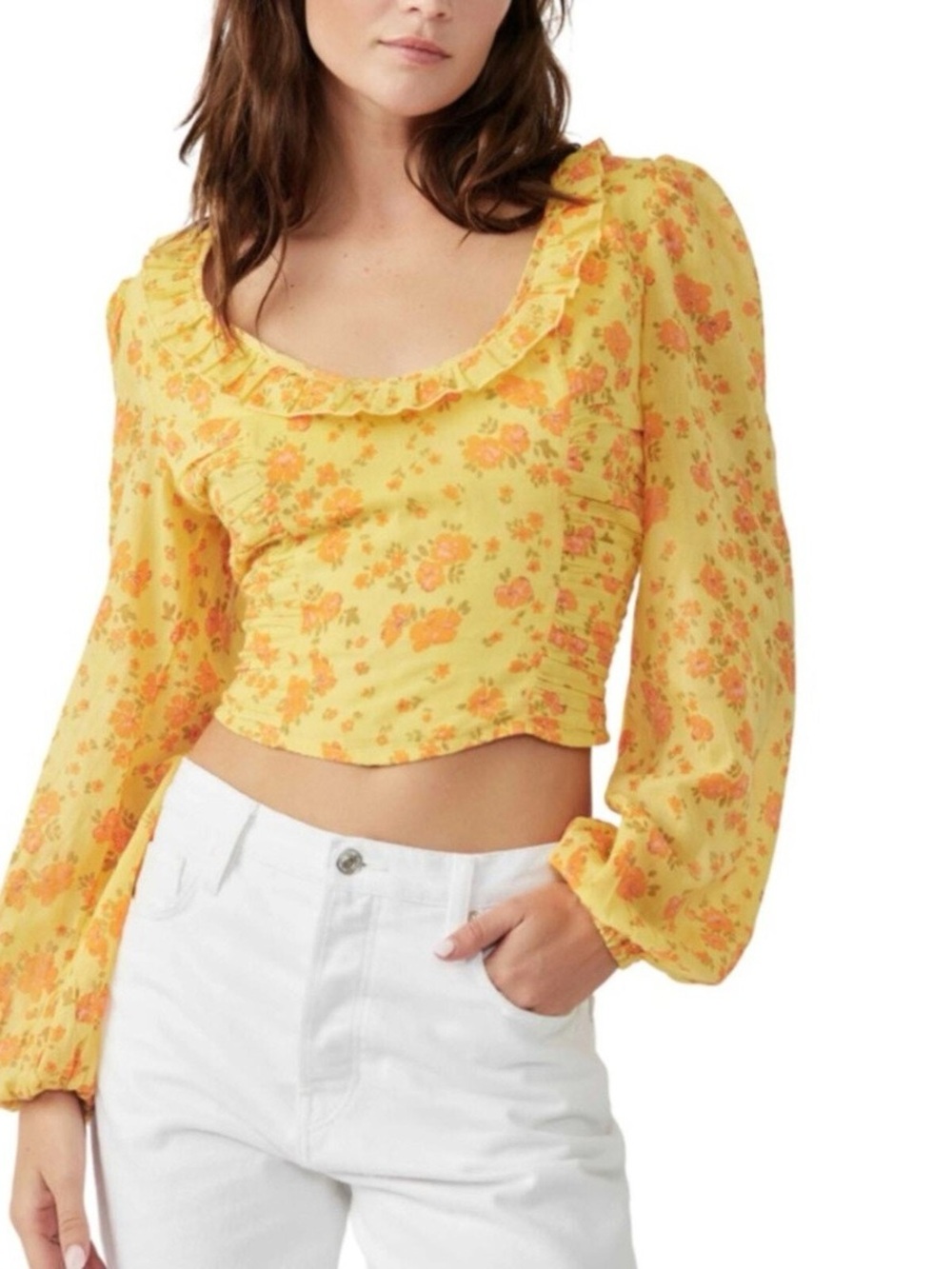 Free People Yellow Floral Ruffle-Trim Long Sleeve Crop Top